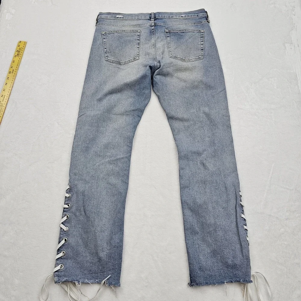 Anthropologie Pilcro Slim Straight‎ Jeans Womens 34W 28L Raw Hem Lace Up Denim